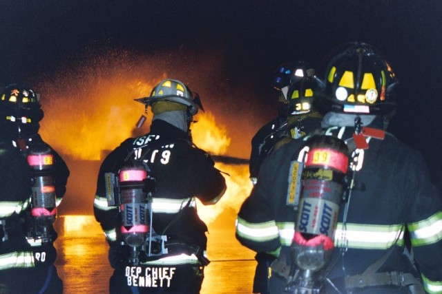 Deputy Chief Bennett leads the crew in during a flammable gas drill at Middlesex County Fire Academy June 6, 2007.